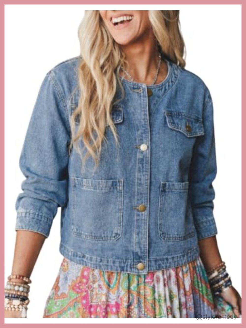 Women's Cropped Denim Jacket Collarless Button Down Casual